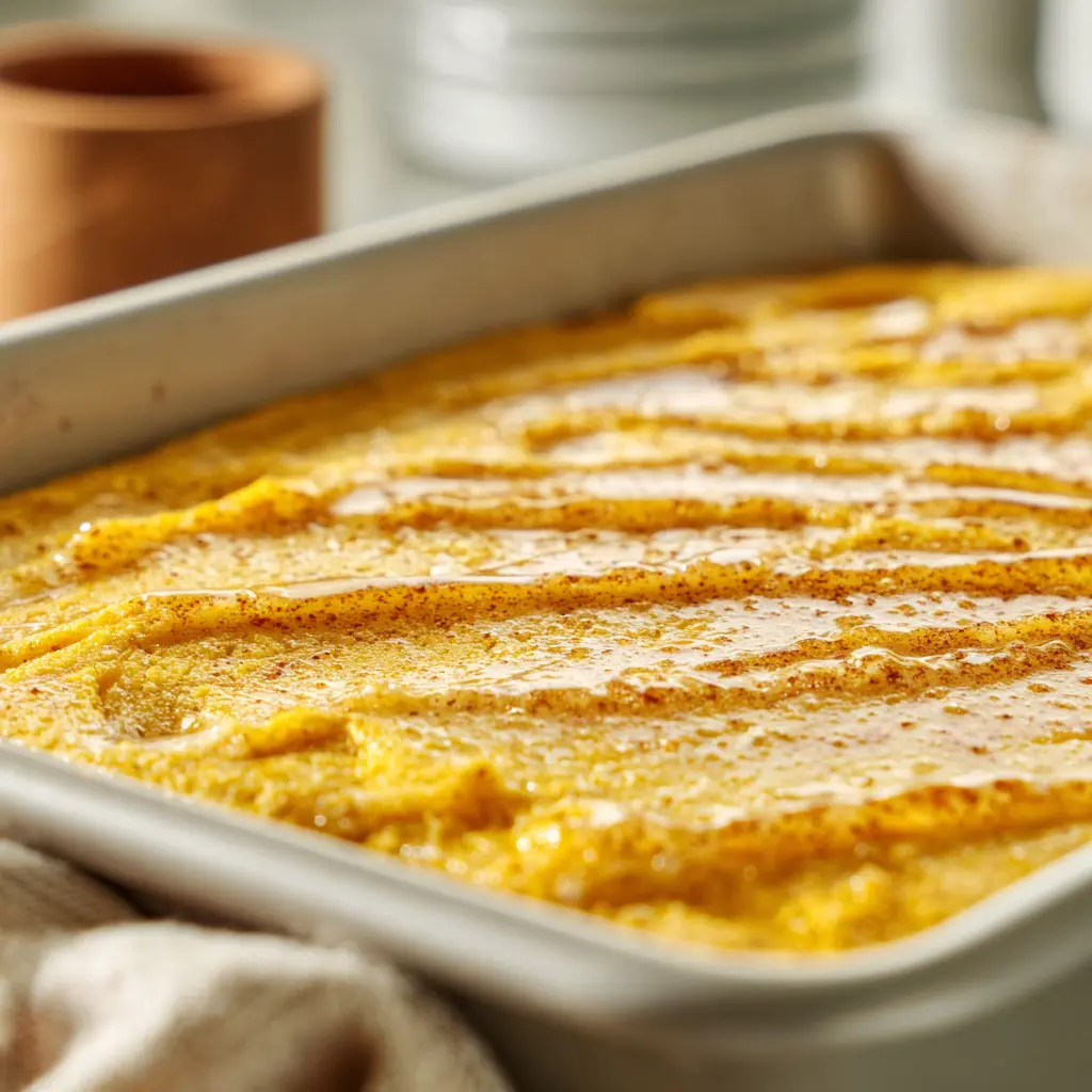 pumpkin-dump-cake-ready-to-bake Pumpkin Dump Cake ready to bake with cake mix and butter