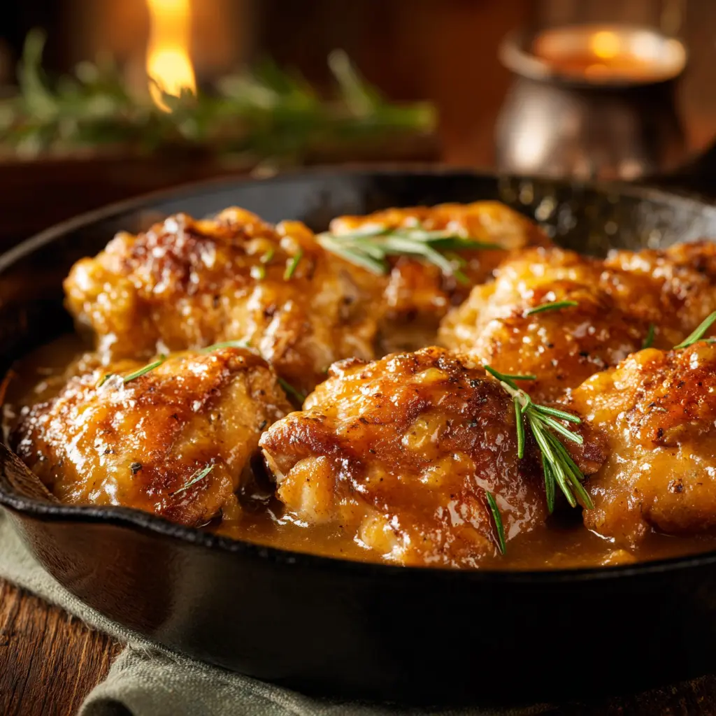 Chicken and Gravy Recipe in a skillet with rich homemade gravy