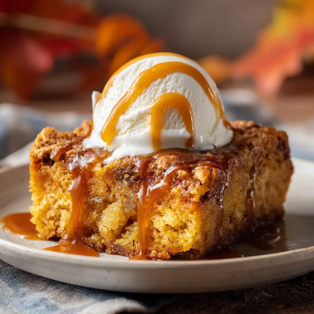 pumpkin-dump-cake-serving Pumpkin Dump Cake slice served with ice cream
