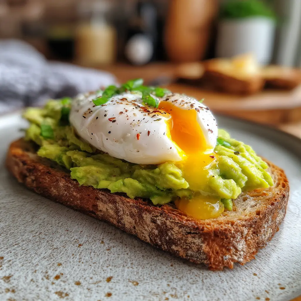 Avocado toast with poached egg on rustic bread