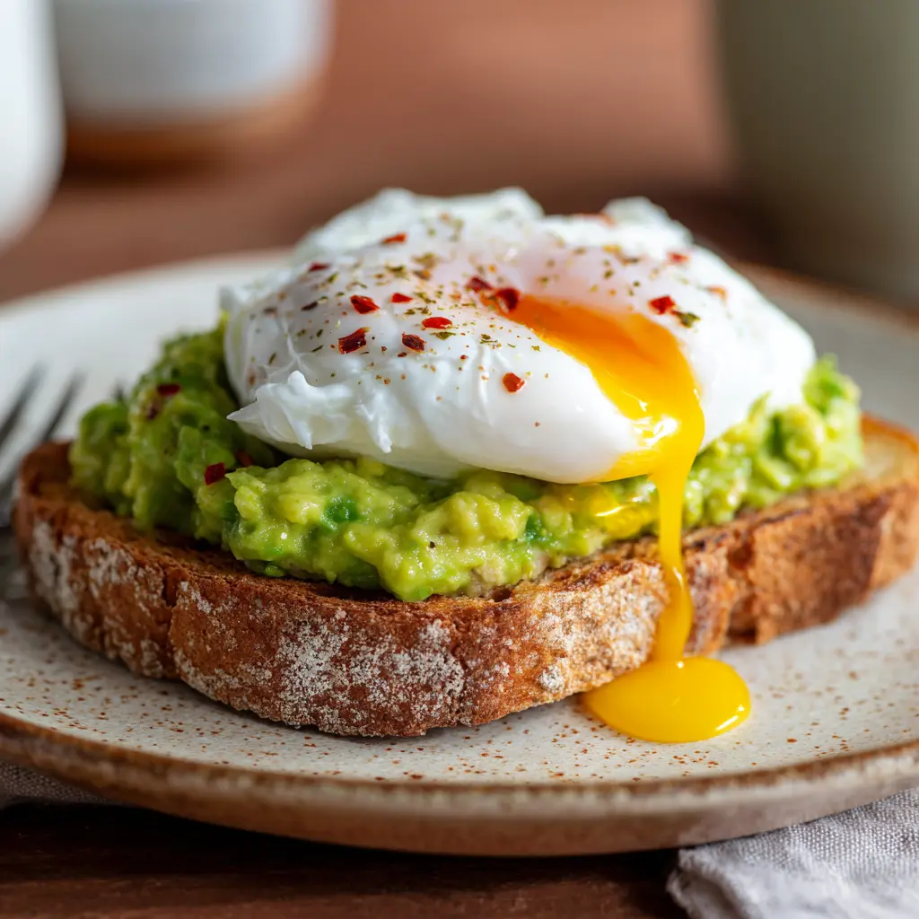 Avocado toast with poached egg on rustic bread