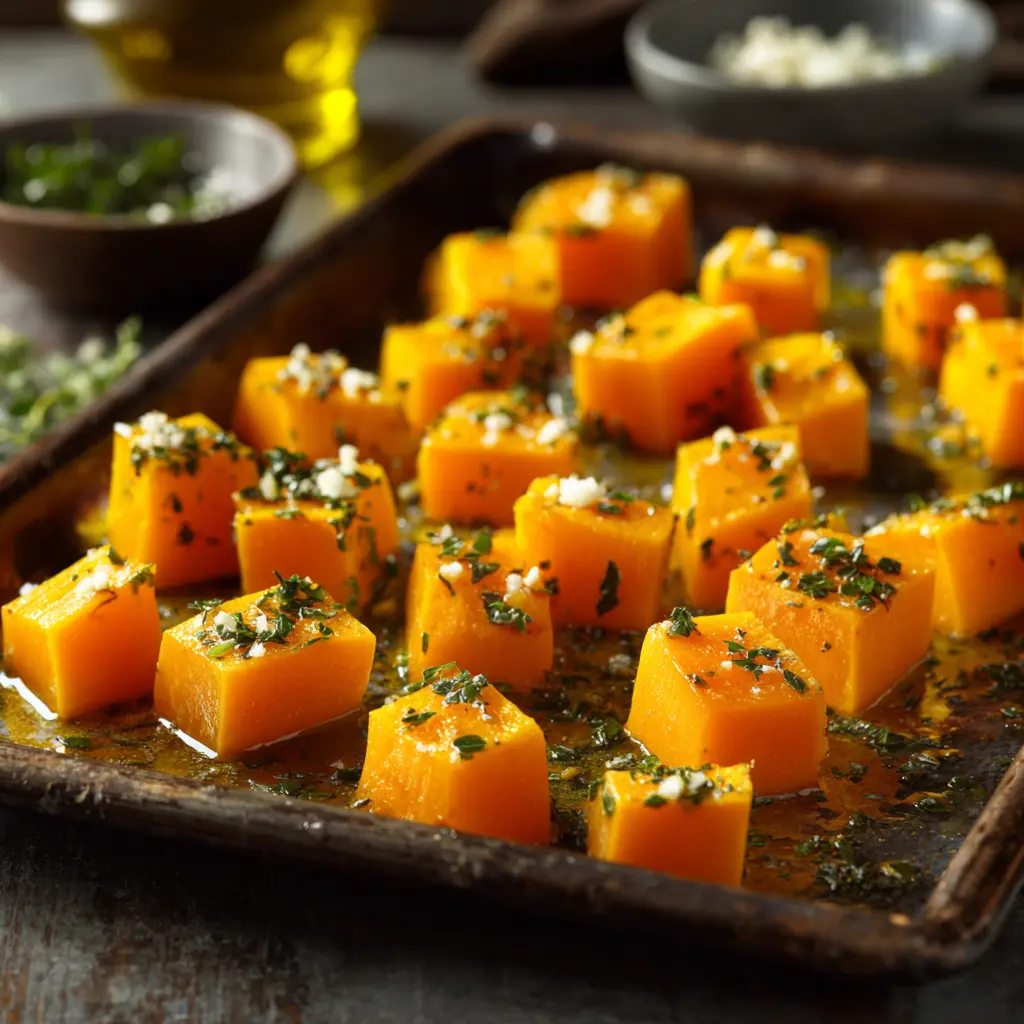 squash-recipe-roasted-cubes. Squash recipe roasted cubes with herbs