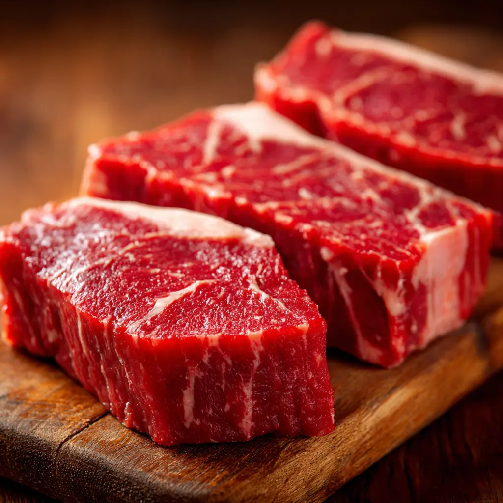 Raw Denver steak cut on a wooden board with rich marbling
