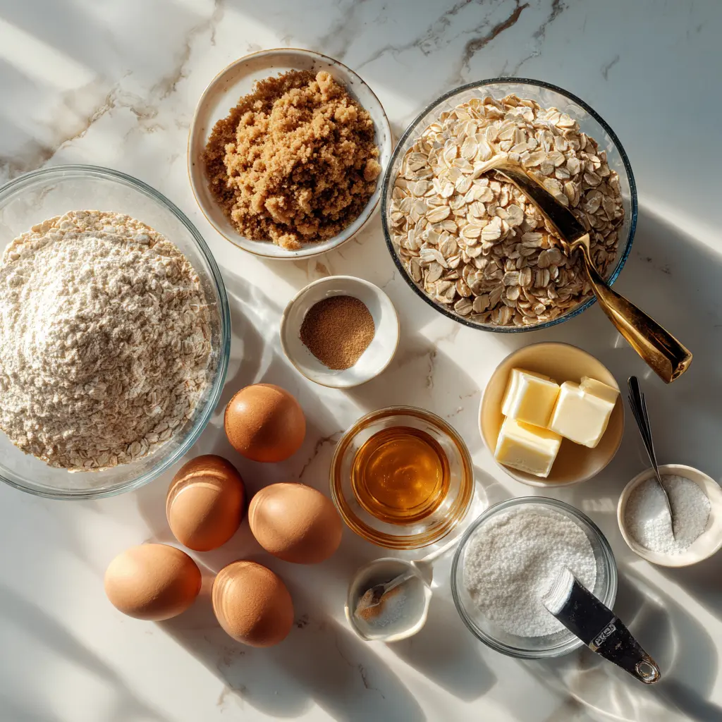 chewy-oatmeal-cookies-ingredients Ingredients for chewy oatmeal cookies on a wooden counter