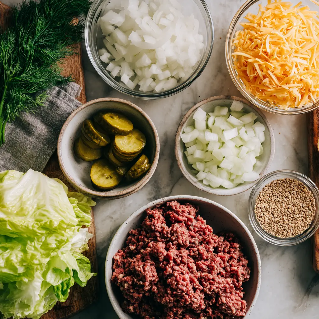 big-mac-salad-recipe-ingredients Ingredients for Big Mac Salad Recipe with beef, lettuce, cheese, and pickles