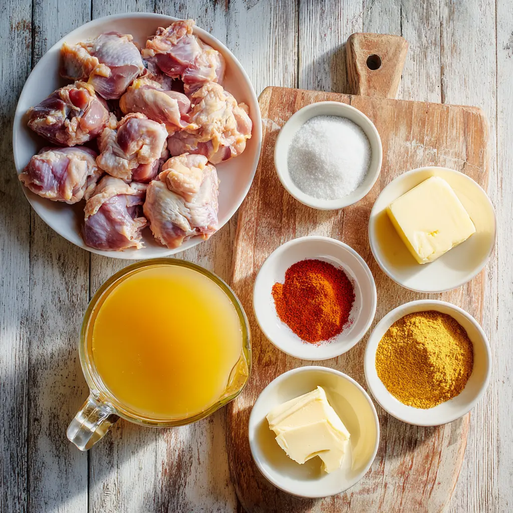 Ingredients for Chicken and Gravy Recipe with spices and broth