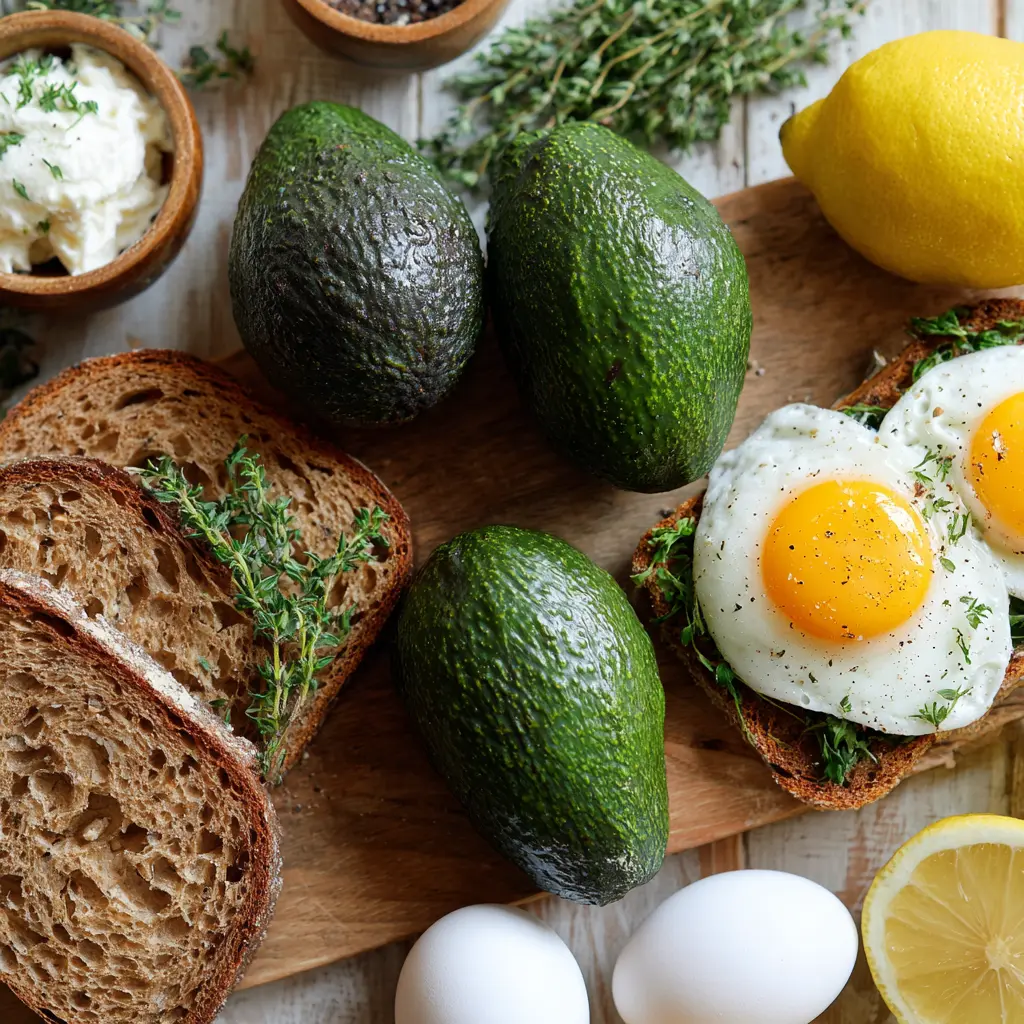 Ingredients for avocado toast with poached egg on wooden counter