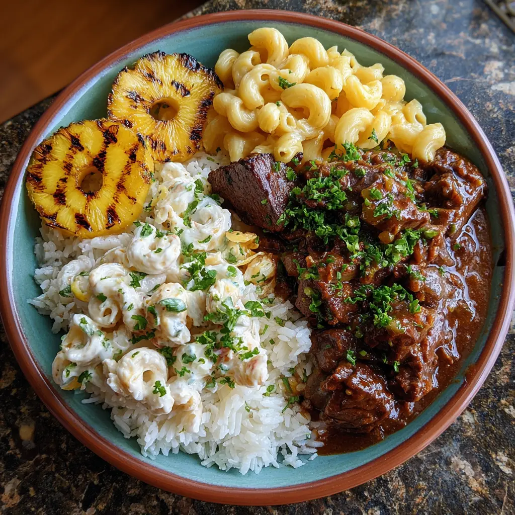 Hawaiian beef stew plate lunch with rice and macaroni salad