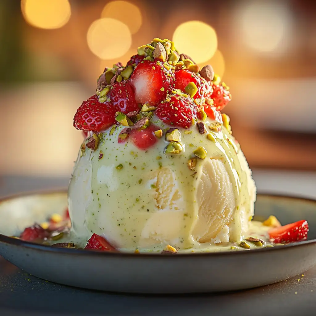 pistachio_cream_dessert_topping_ice_cream_and_berries Pistachio cream drizzled over ice cream with strawberries