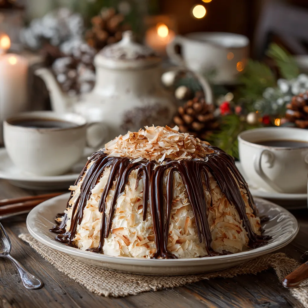 mounds-cake-recipe-decorating Decorated Mounds Cake Recipe with toasted coconut and chocolate drizzle