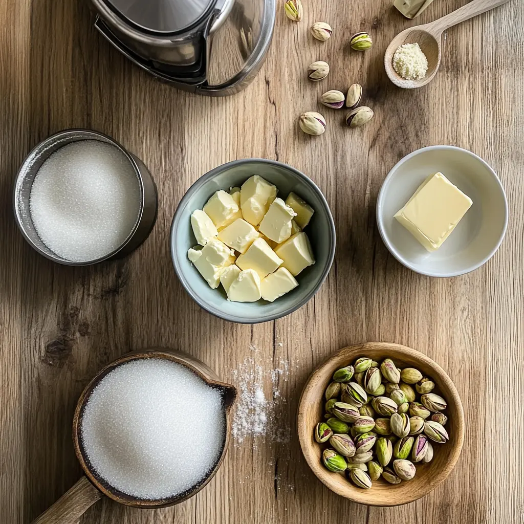 pistachio_cream_recipe_ingredients_and_tools Ingredients for pistachio cream recipe with kitchen tools