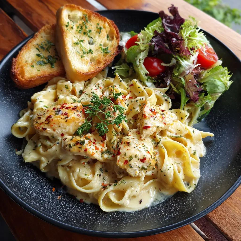 serving-chicken-alfredo-recipe serving easy chicken Alfredo recipe with garlic bread